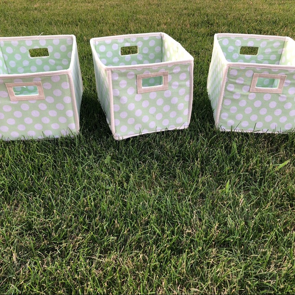 EUC 3 Badger Baskets in Sage Green Polka Dot Folding Cubes Bundle